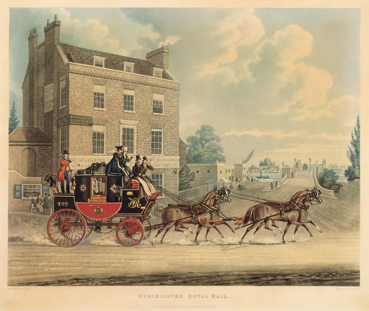 Royal Mail de mercúrio passando a estrela e a liga na ponte de Kew, 1835 de James Pollard