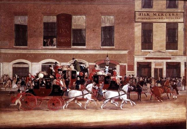 Royal Mail Coaches deixando o Angel Inn de James Pollard