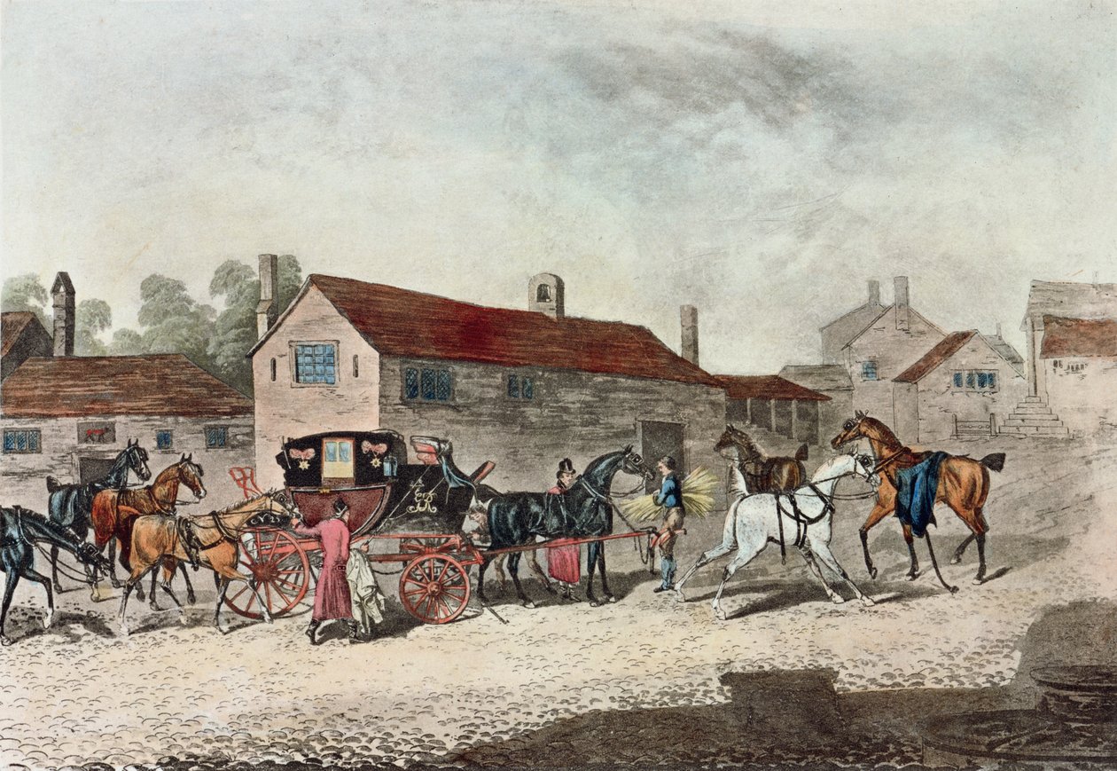 O treinador de correio mudando cavalos, gravado por R. Havell, 1815 de James Pollard