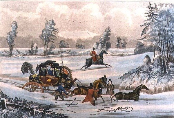 The Mail Coach in a Drift of Snow, gravado por G. Reeves, pub. por J. Watson 21/9/1825 (gravura) de James Pollard