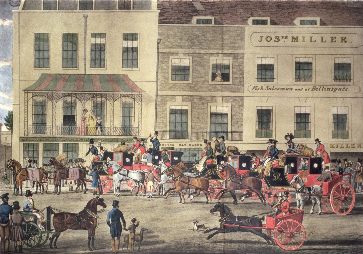 Mensagens do oeste do país no Gloucester Coffee House, Piccadilly, gravado por C. Rosenberg, 1828 de James Pollard