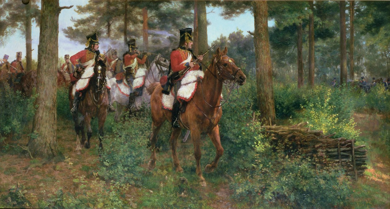 Um caso de postos avançados, os 9º Hussardos do 1º Exército de Napoleão 1806 (óleo sobre tela) de James Prinsep Beadle