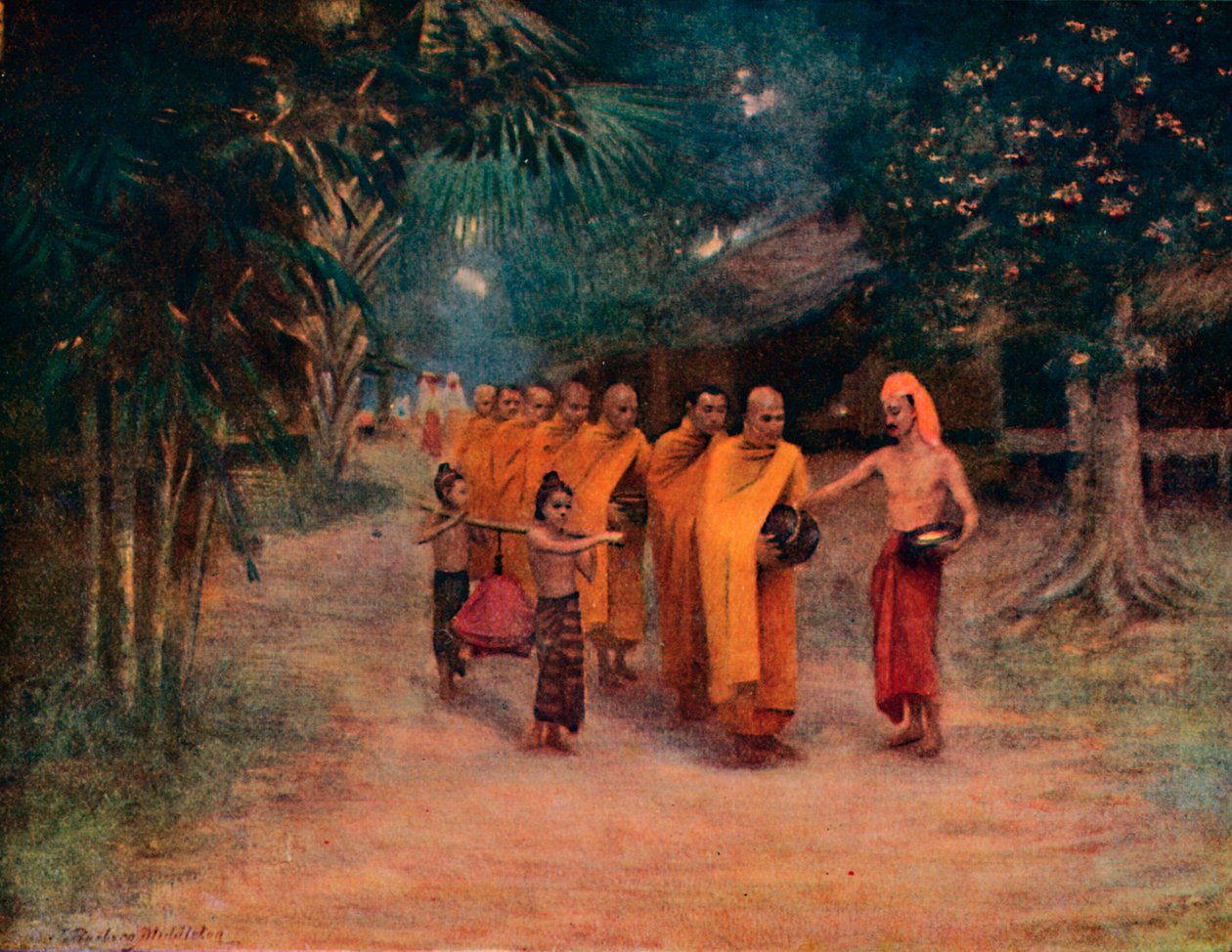 Monges birmaneses implorando em uma vila - manhã cedo, 1913 de James Raeburn Middleton