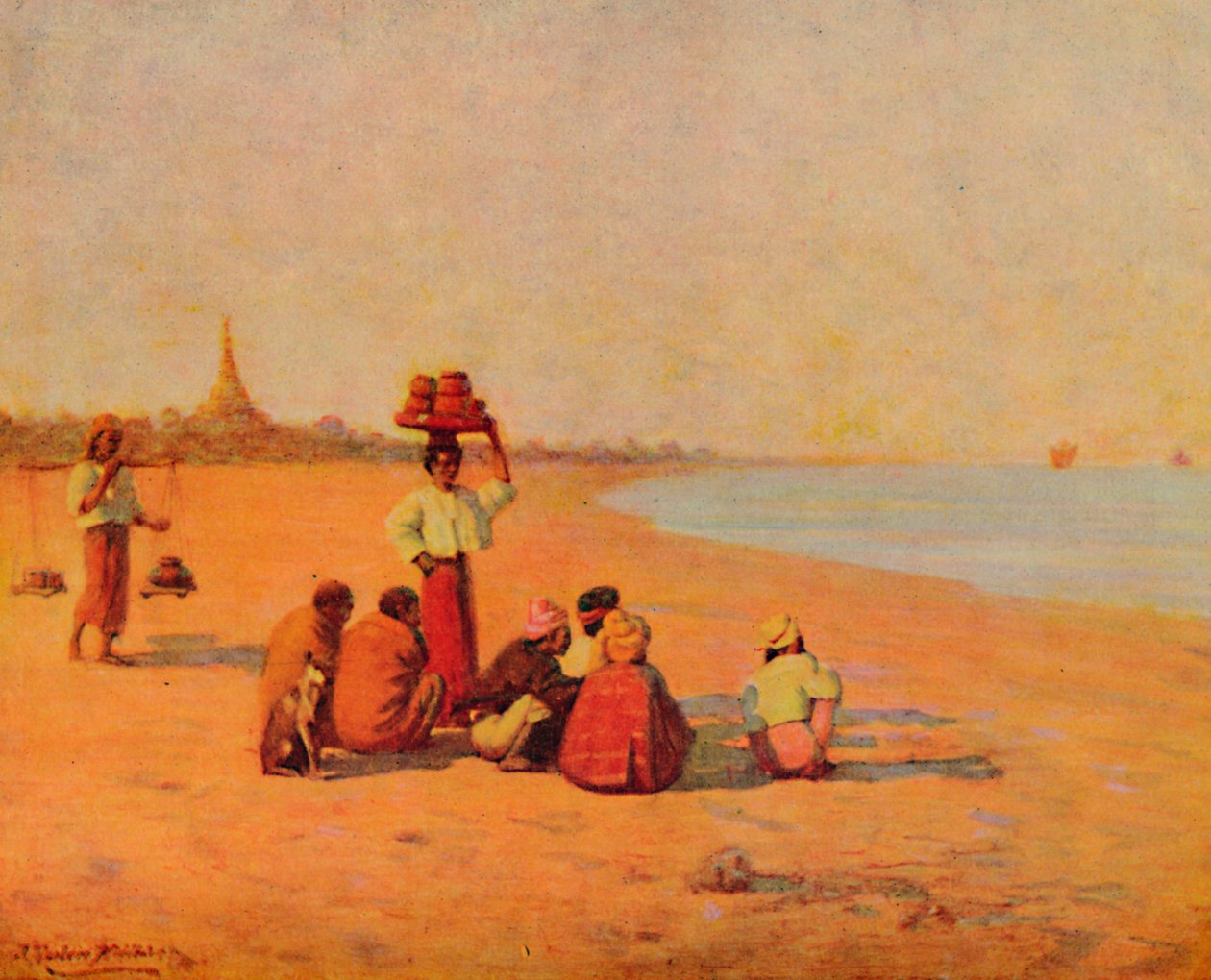 Nas margens do Irrawaddy - À espera do navio a vapor, 1913 de James Raeburn Middleton