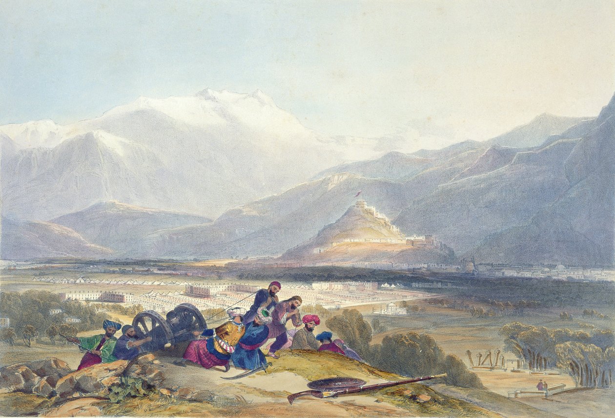 Bala Hissar e Cidade de Cabul com os Cantonments britânicos do Ba Maroo Hill, início das hostilidades, prato 16 de &39;Cenário, Habitantes e Costumes do Afeganistão&39;, gravado por R. Carrick (c.1 de James Rattray
