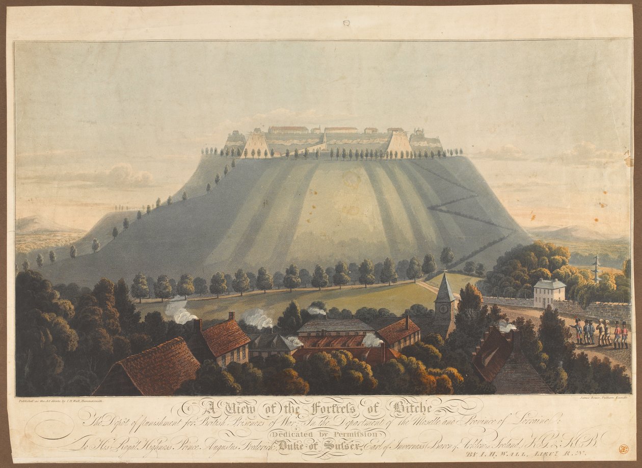 Uma vista da fortaleza de Bitche. Um depósito de punição para prisioneiros de guerra britânicos, 1799 de James Rouse