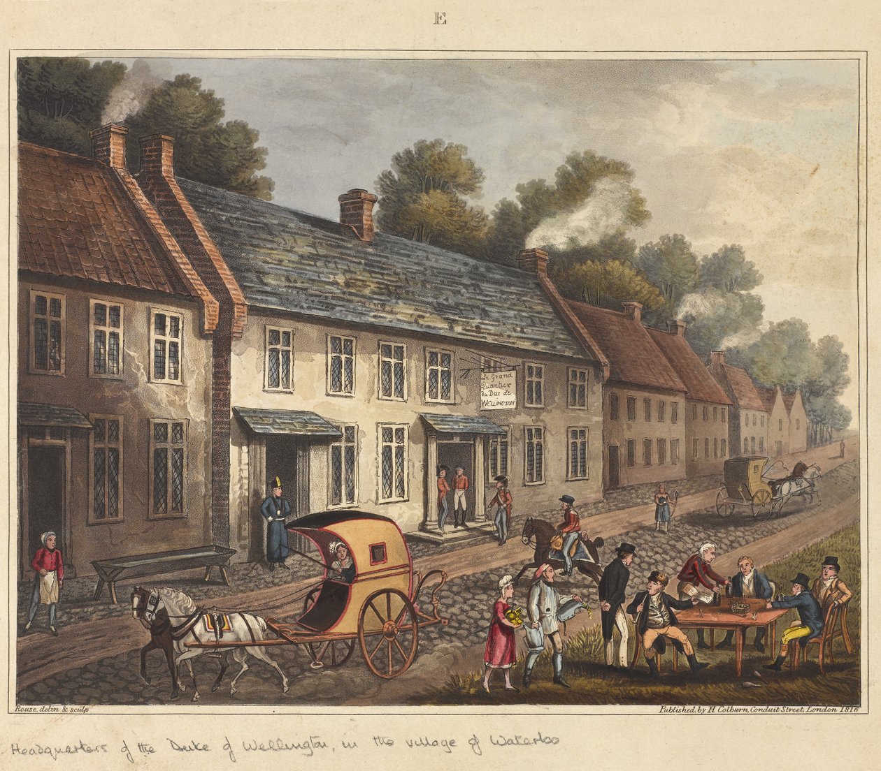 Sede do Duque de Wellington, na aldeia de Waterloo, de "Um Relato Histórico da Batalha de Waterloo", 1817 (aquatinta colorida) de James Rouse