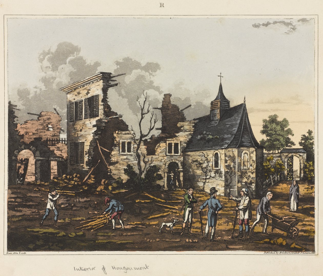 Interior de Hougoumont, de "Um relato histórico da batalha de Waterloo", 1817 (aquatinta colorida) de James Rouse
