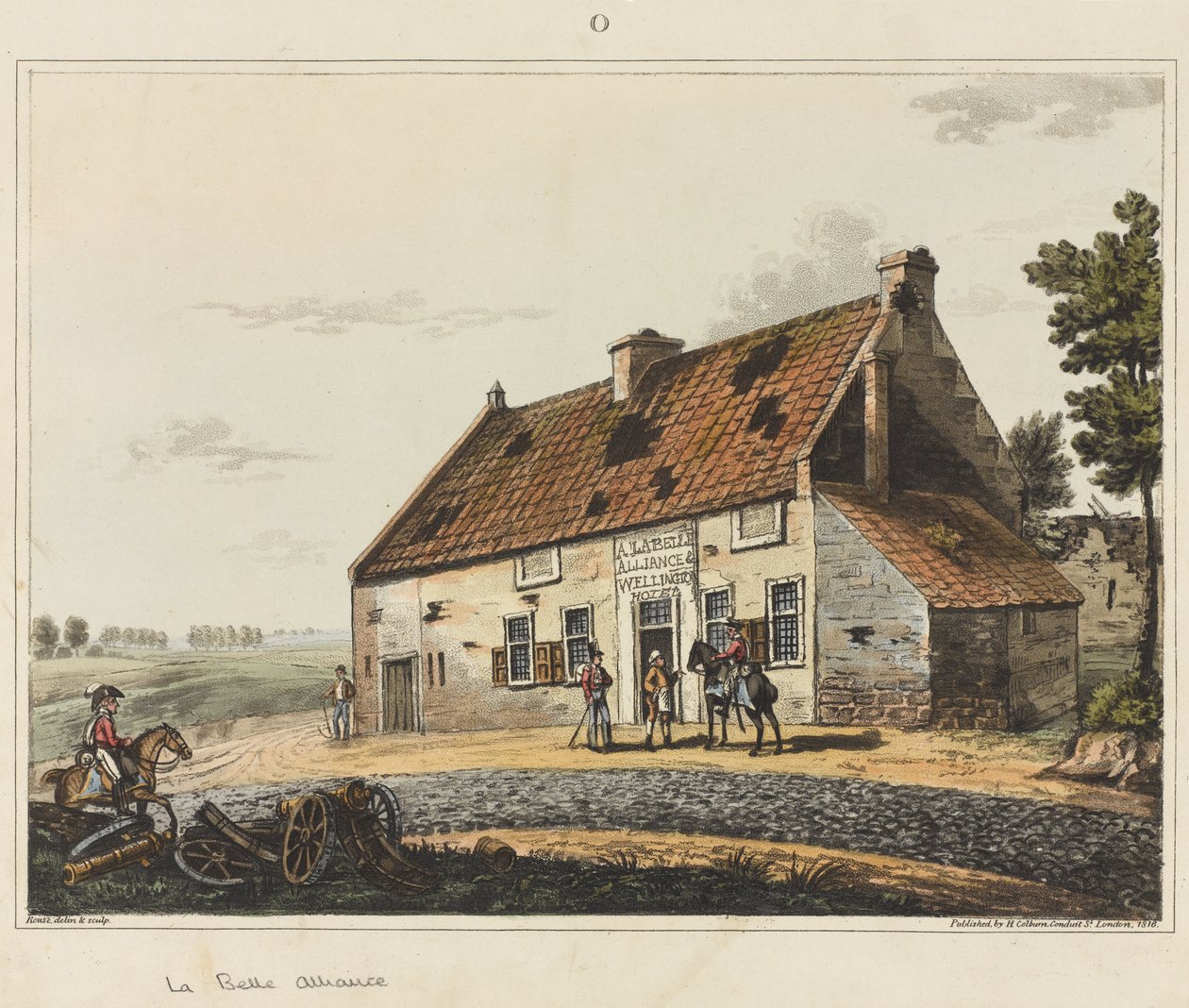 La Belle Alliance, de "Um relato histórico da batalha de Waterloo", 1817 (aquatinta colorido) de James Rouse