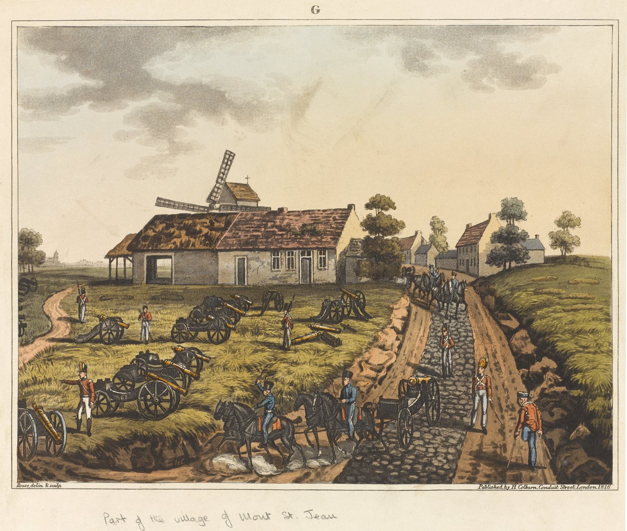 Parte da aldeia de Mont St Jean, de "Um relato histórico da batalha de Waterloo &39;, 1817 (aquatinta colorida) de James Rouse