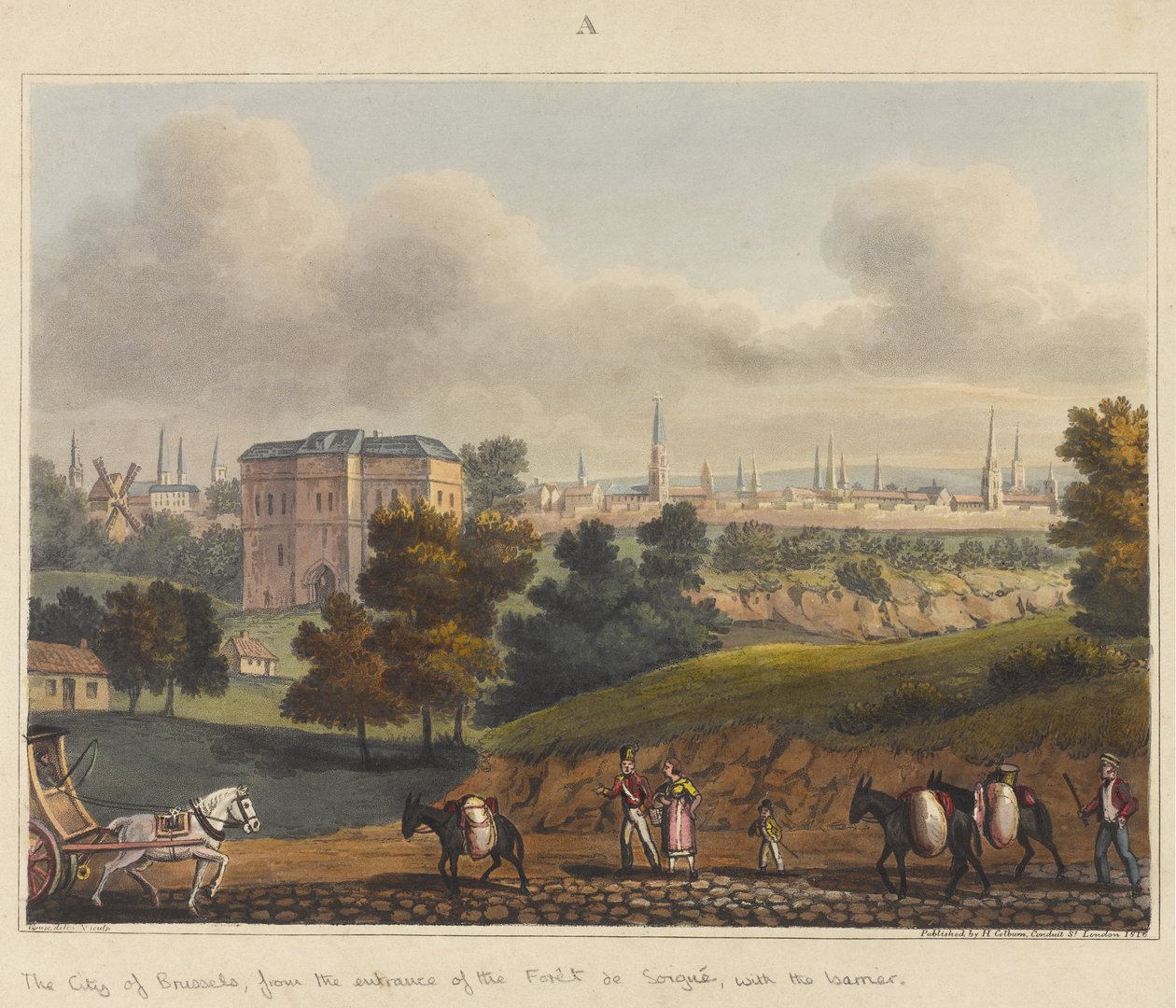 A cidade de Bruxelas, a partir da entrada do Foret de Soignes, com a barreira, 1815, de "Um relato histórico da batalha de Waterloo", 1817 (aquatinta colorida) de James Rouse