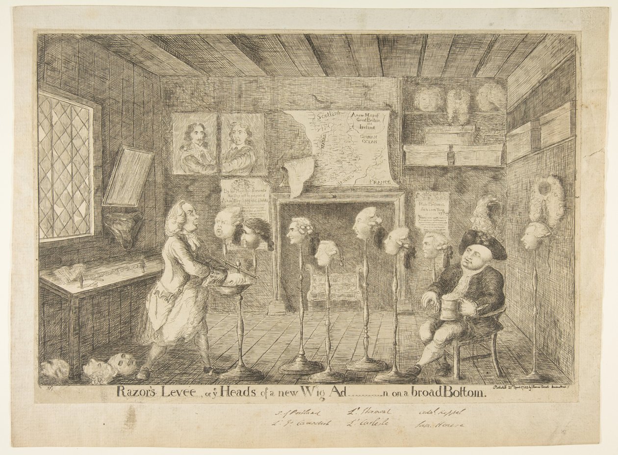 Navalhas Levée, ou Ye Chefes de um Novo Anúncio de Peruca em um Fundo Largo, 21 de abril de 1783. de James Sayers