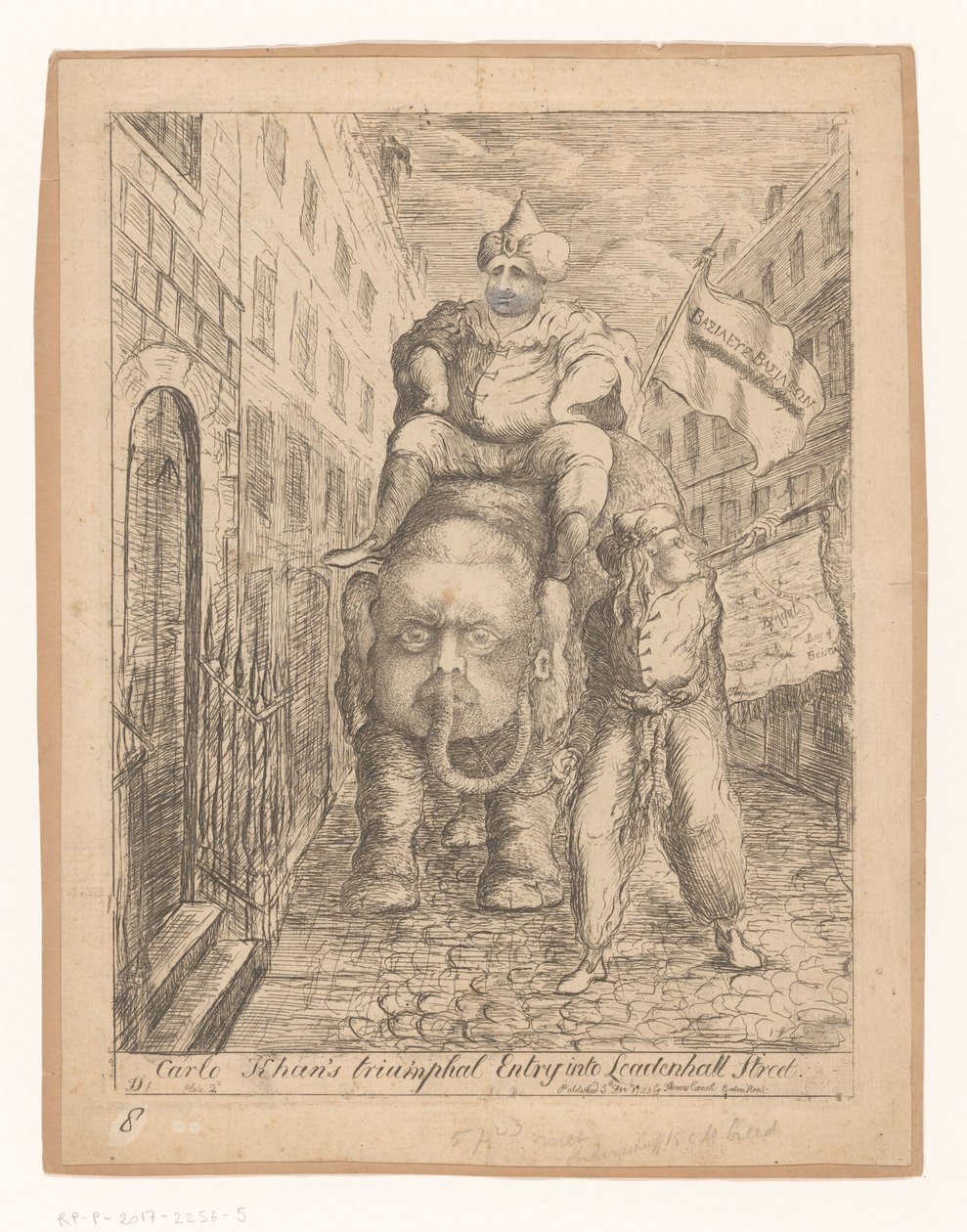 Spotprent de Charles Fox Entrada triunfal de Carlo Khan em Leadenhall Street (título no objeto) de James Sayers