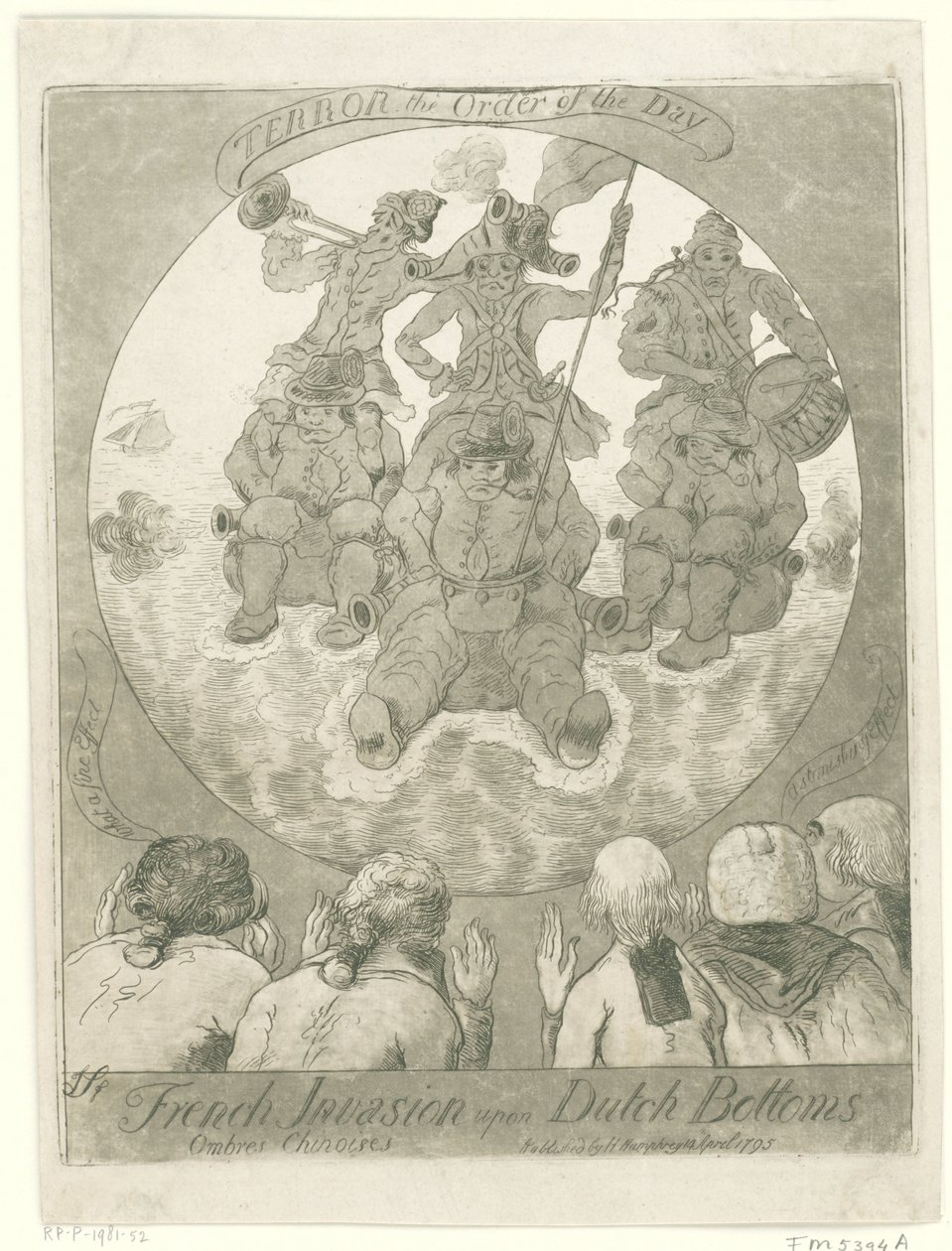 Spotprent op de Franse invasie, 1795 Invasão Francesa sobre Fundos Holandeses. Ombres Chinoises / Terror the Order of the Day (título no objeto) de James Sayers