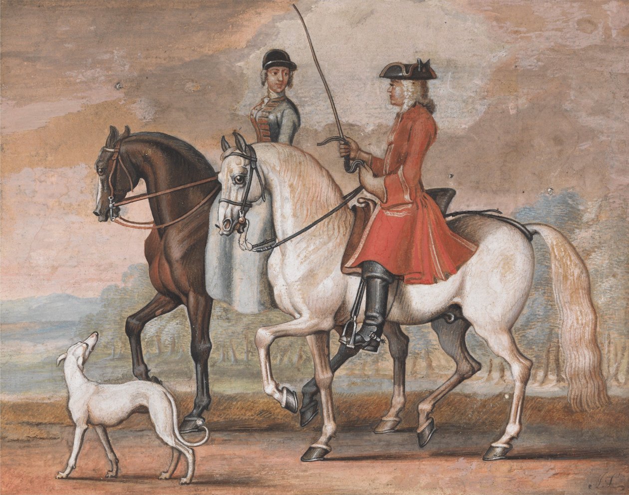 Um cavalheiro, montado num cavalo conduzido por um tratador, a passear com uma senhora de James Seymour