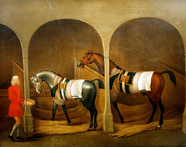 Um noivo alimentando dois cavalos em um estábulo (óleo sobre tela) de James Seymour