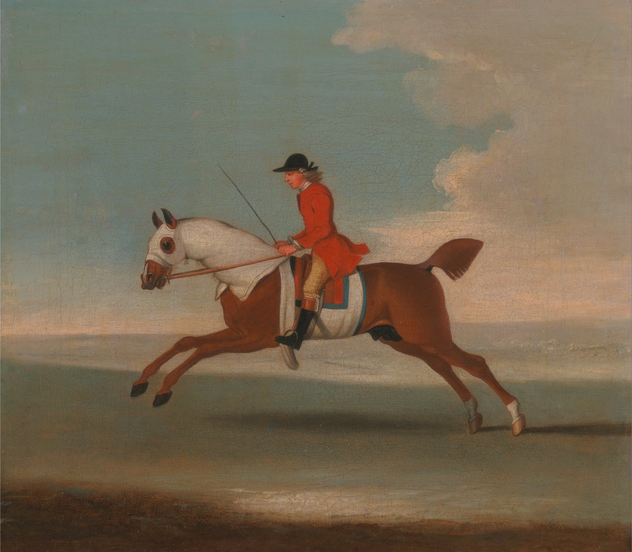 Um de quatro retratos de cavalos - um cavalo de corrida castanho exercitado por um treinador de casaco vermelho: galopando para a esquerda, o cavalo usa capas de suor brancas na cabeça, pescoço e corpo de James Seymour