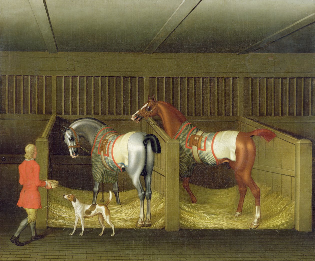 Os estábulos e dois famosos cavalos correndo pertencentes à sua graça, o duque de Bolton, 1747 de James Seymour