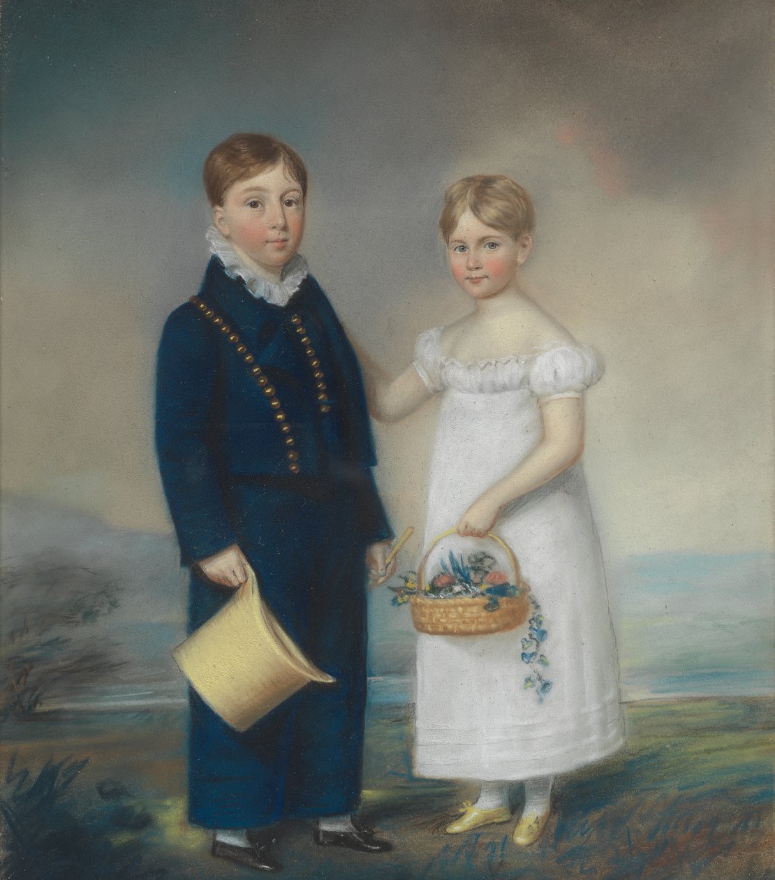 Menino segurando um chapéu e Menina segurando um cesto de flores, de pé numa paisagem de James Sharples