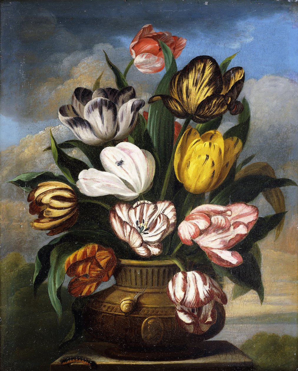 Tulipas em um vaso, com uma lagarta, um caracol e uma mosca, em um pedestal em uma paisagem, 1826 de James Sillett