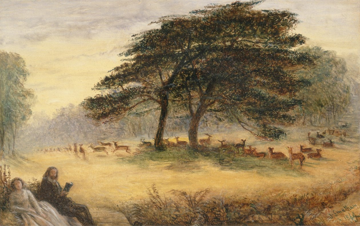 Amantes em Richmond Park (Windsor Park) (óleo no painel) de James Smetham