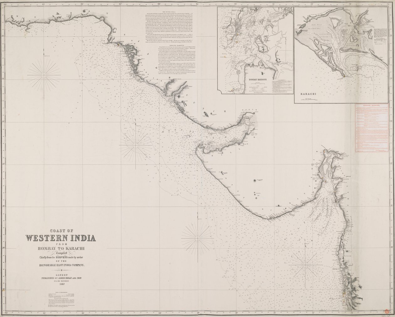 Coast of Western India from Bombay to Karachi (Costa da Índia Ocidental de Bombaim a Carachi), compilado principalmente a partir dos levantamentos efectuados por ordem da honorável Companhia das Índias Orientais de James & Son Imray