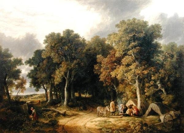 Acampamento em uma paisagem arborizada (óleo sobre tela) de James Stark