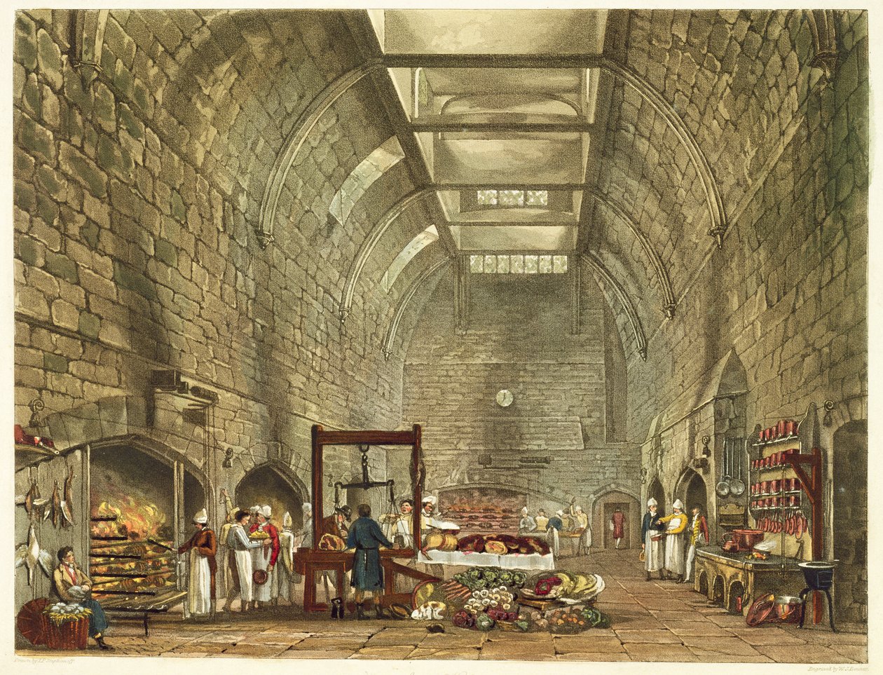 Cozinha antiga, Castelo de Windsor, gravado por William James Bennett (1787-1844) de &39;A história das residências reais&39; por William Henry Pyne (1769-1843) pub. 1818 de James Stephanoff