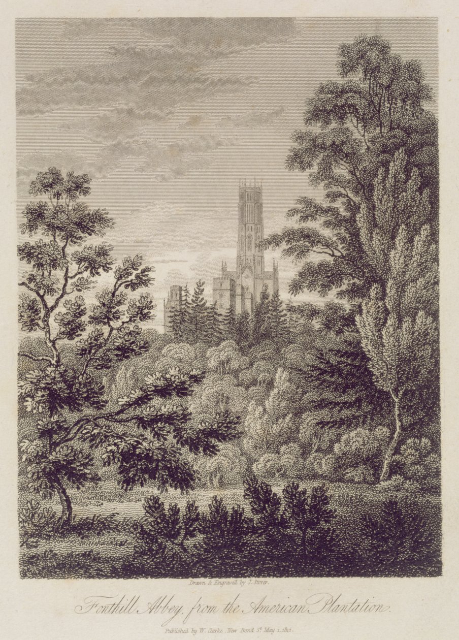 Fonthill Abbey da American Plantation, publicado por W. Clarke, New Bond Street, 1812 de James Storer