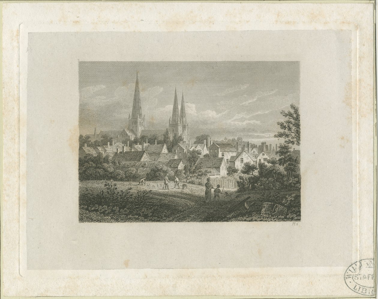 Catedral de Lichfield - vista noroeste (distante): gravura, nd [c 1816] (impressão) de James Storer