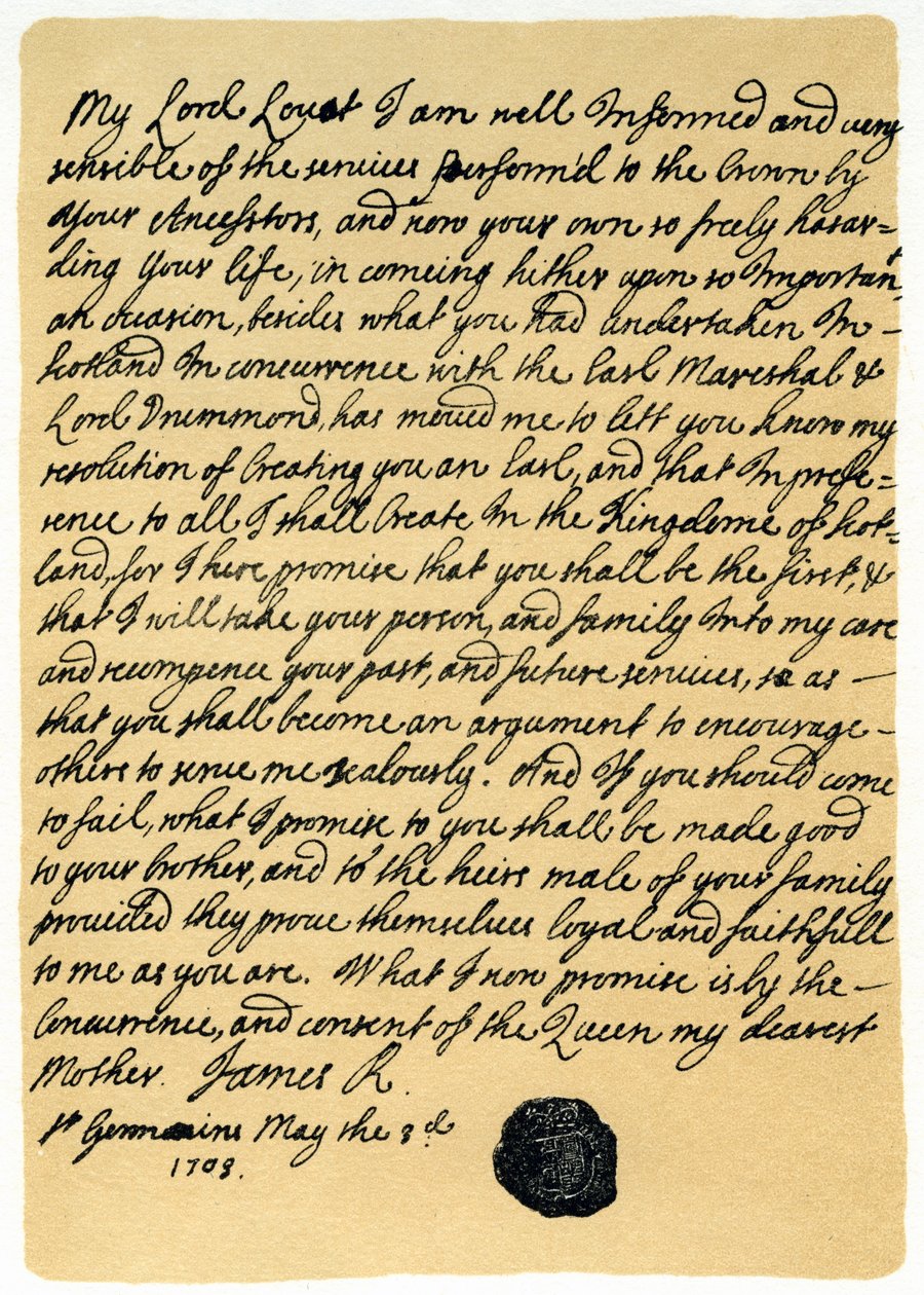 Carta de James Edward Stuart a Simon Fraser, Lord Lovat, St Germains, 3 de maio de 1703. de James Stuart