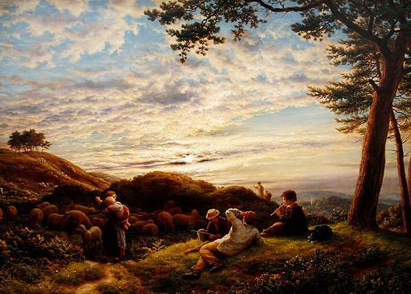 Pastorinhos a cuidar do seu rebanho ao pôr-do-sol de James Thomas Linnell