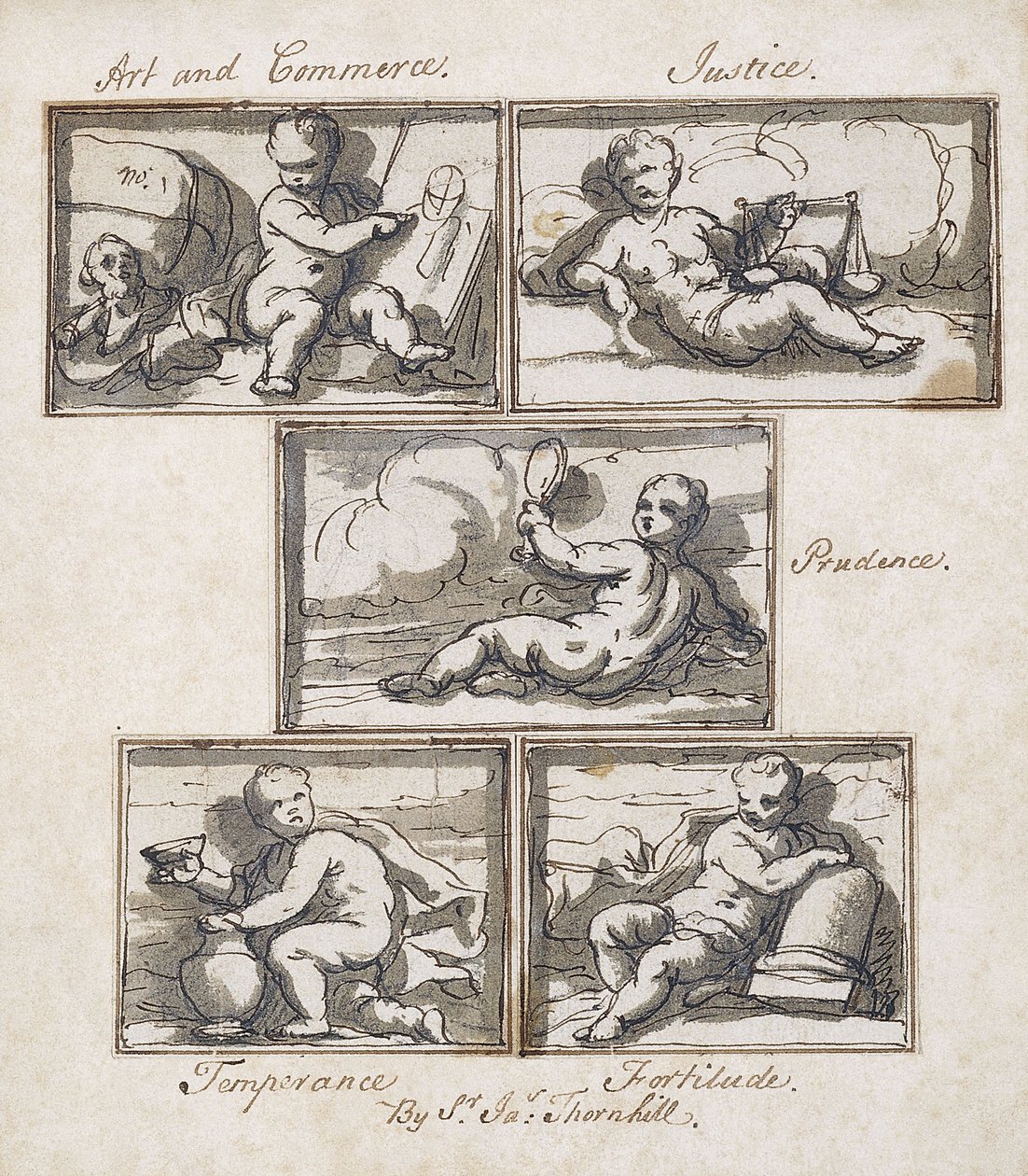 Arte e comércio; Justiça; Prudência; Temperança; e Fortitude, de James Thornhill