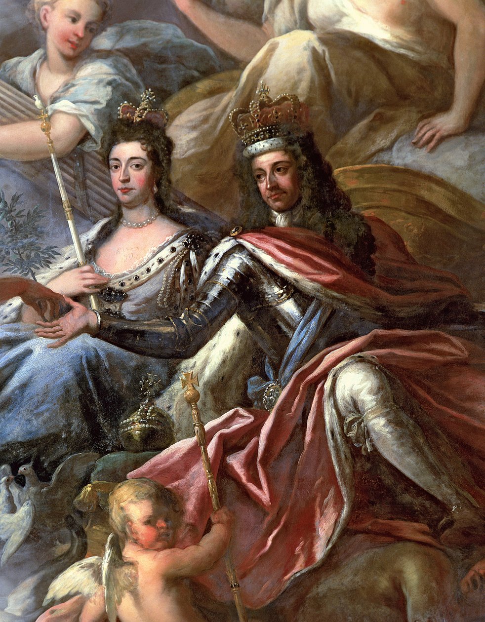 Teto do Salão Pintado, detalhe do Rei William III 1650-1702 e da Rainha Maria II 1662-94 Enthroned, 1707-14 ver 208087 de James Thornhill