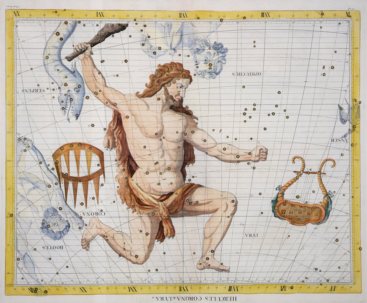 Constelação de Hércules com Corona e Lira, placa 21 de &39;Atlas Coelestis&39;, de John Flamsteed (1646-1710), publicada em 1729 (gravura colorida à mão) de James Thornhill