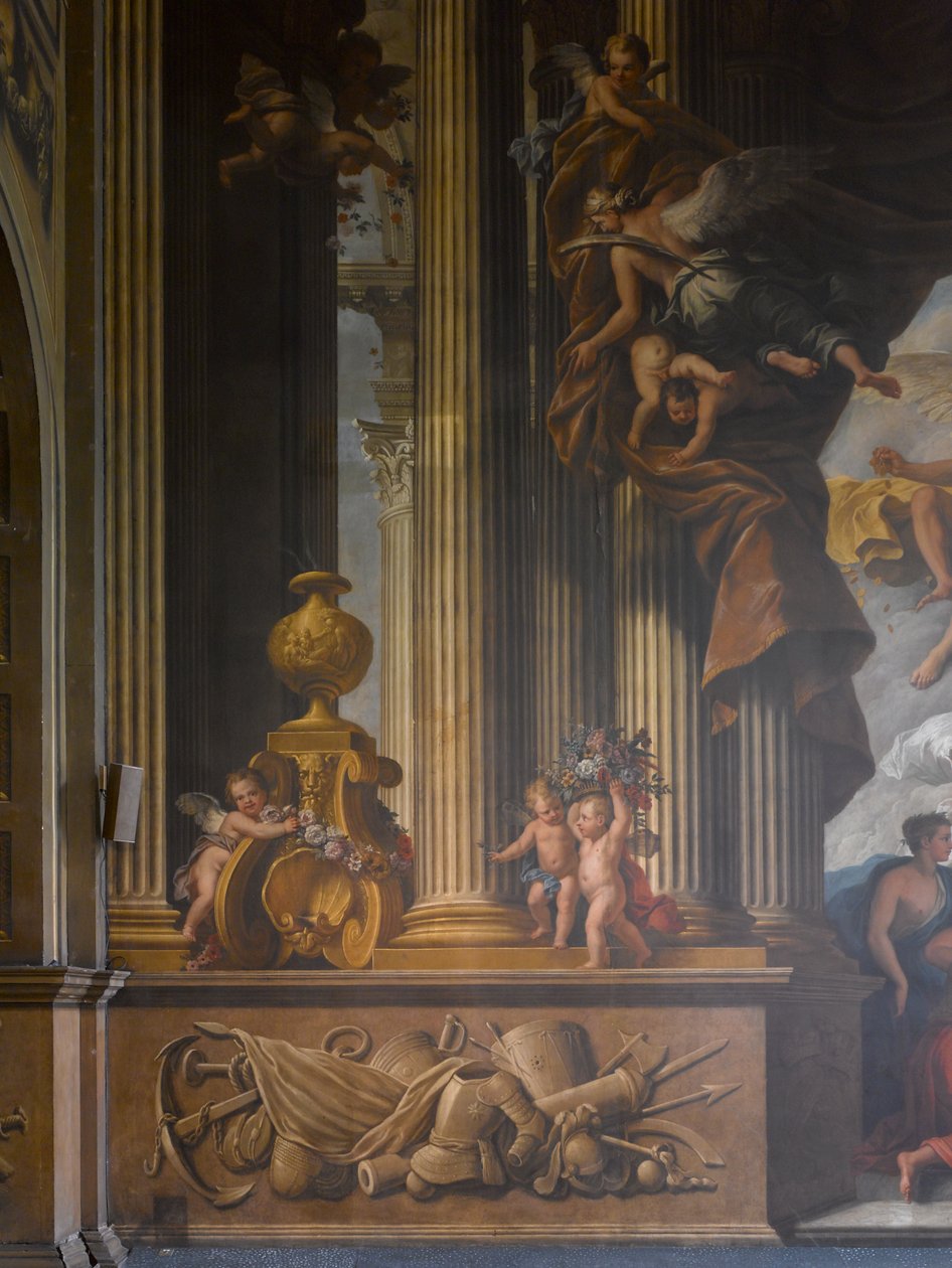 Detalhe da parede oeste do Hall pintado, c.1707-27 pintura de parede de James Thornhill