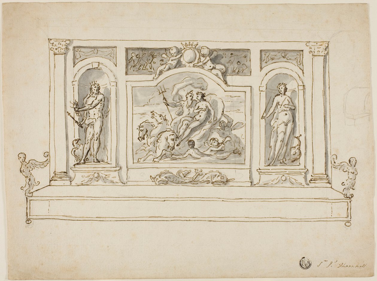 Neptuno e Anfitrite ladeados por Júpiter e Juno: desenho para um banco de jardim ou de salão pintado de James Thornhill