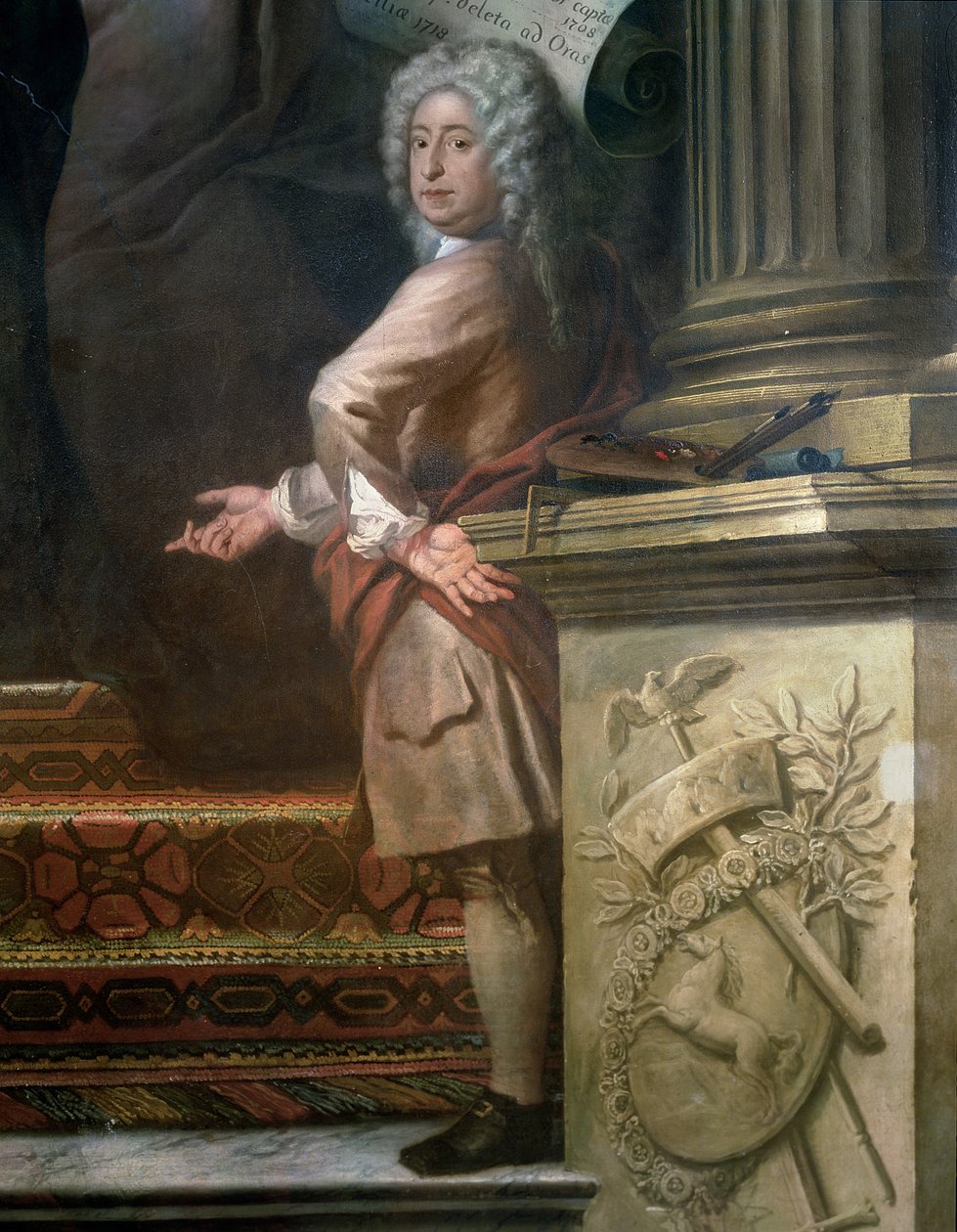Pintura de parede traseira do Salão Superior glorificando George I 1660-1727 e a Casa de Hanover, detalhe do artista, 1718-24 ver 208091 de James Thornhill