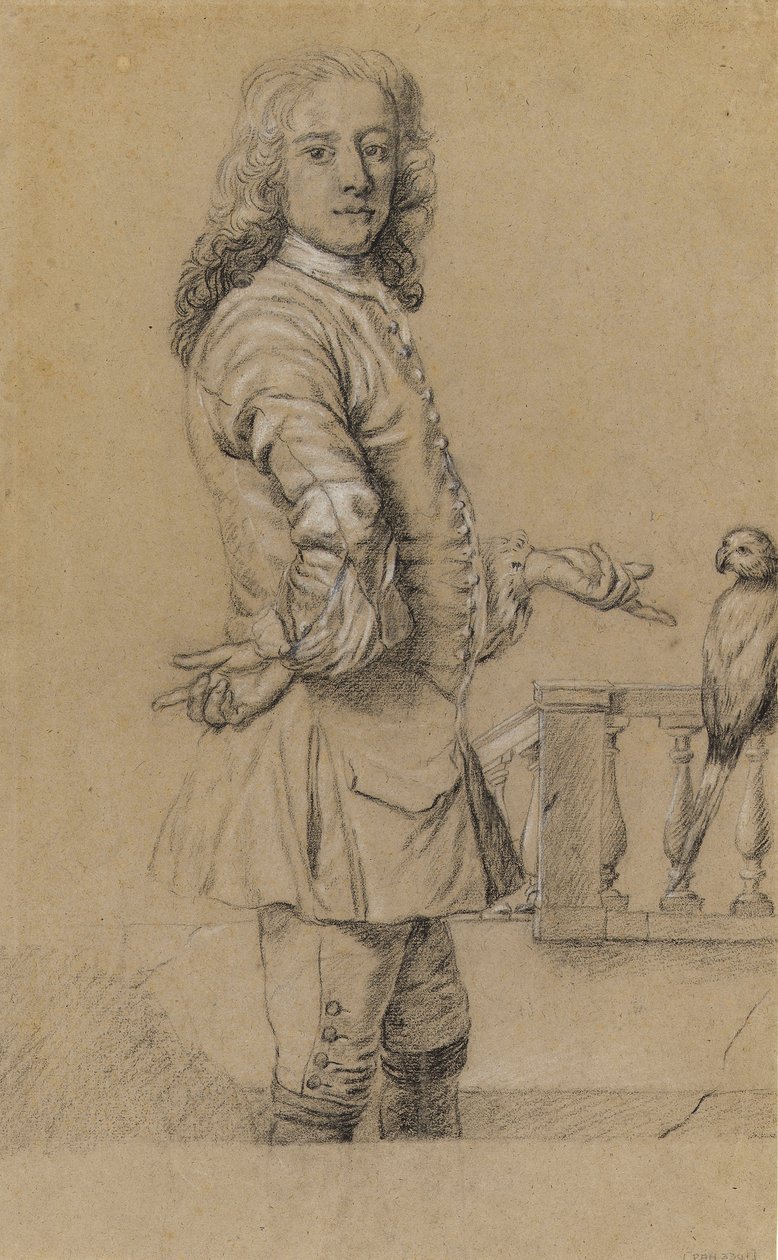 Autorretrato com papagaio, início do século XVIII (lápis de cor preto e branco) de James Thornhill
