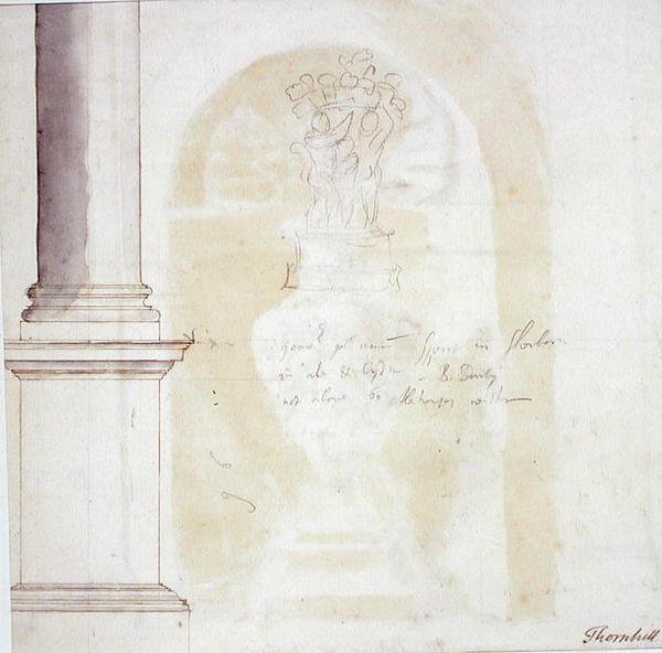 Esboço de um pilar e estátua (caneta, tinta e marrom lavar no papel) de James Thornhill