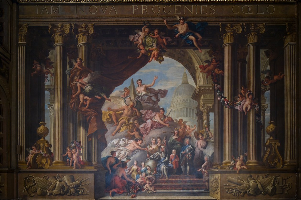 A parede oeste do salão pintado, c.1707-27 (pintura de parede) de James Thornhill