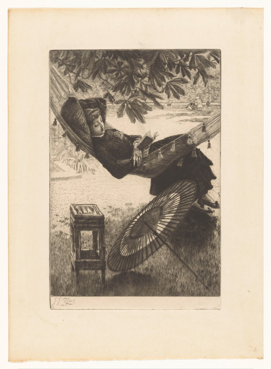Leitura de uma jovem mulher numa rede de James Tissot