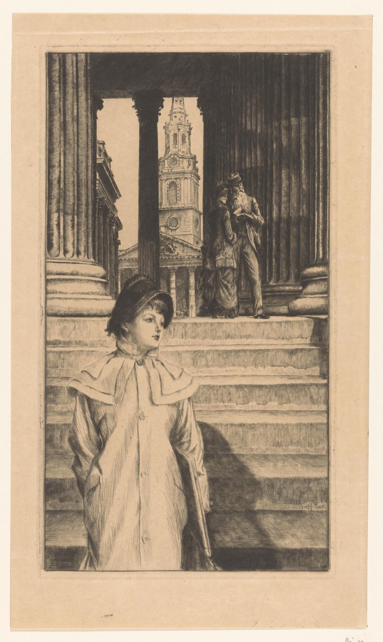 Jovem mulher desce os degraus da National Gallery em Londres de James Tissot