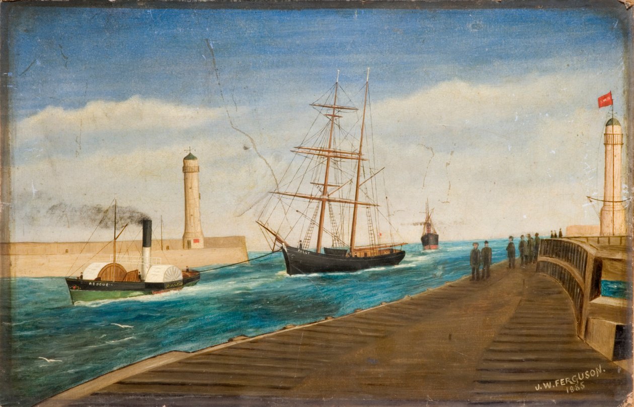The Tug &39;Rescue&39; Rebocando o Brig &39;Polly&39; em Sunderland Harbour, 1885 (óleo no moinho de madeira) de James W. Ferguson