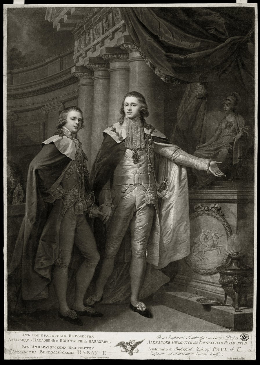 Retratos dos Grão-Duques da Rússia Alexandre I Pavlovich (1777-1825) e Constantin Pavlovich (1779-1831). Obra de James Walker (1748-cerca de 1808), gravura de 1797. Arte inglesa de James Walker