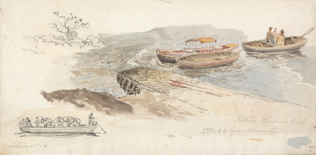 Um barco com cobertura e dois barcos a remos num cais; à esquerda, um estudo a lápis do ferry-boat Tintern Livestock de James Ward