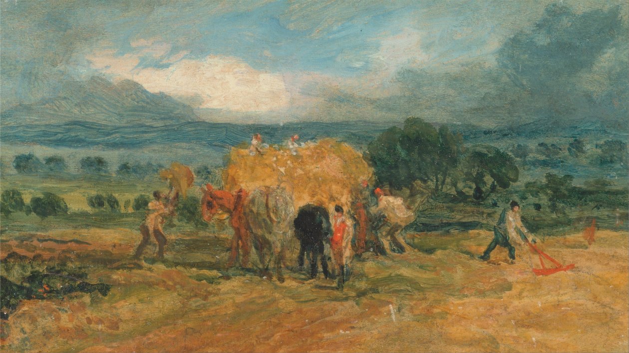 Uma cena de colheita com trabalhadores a carregarem feno para uma carroça agrícola de James Ward