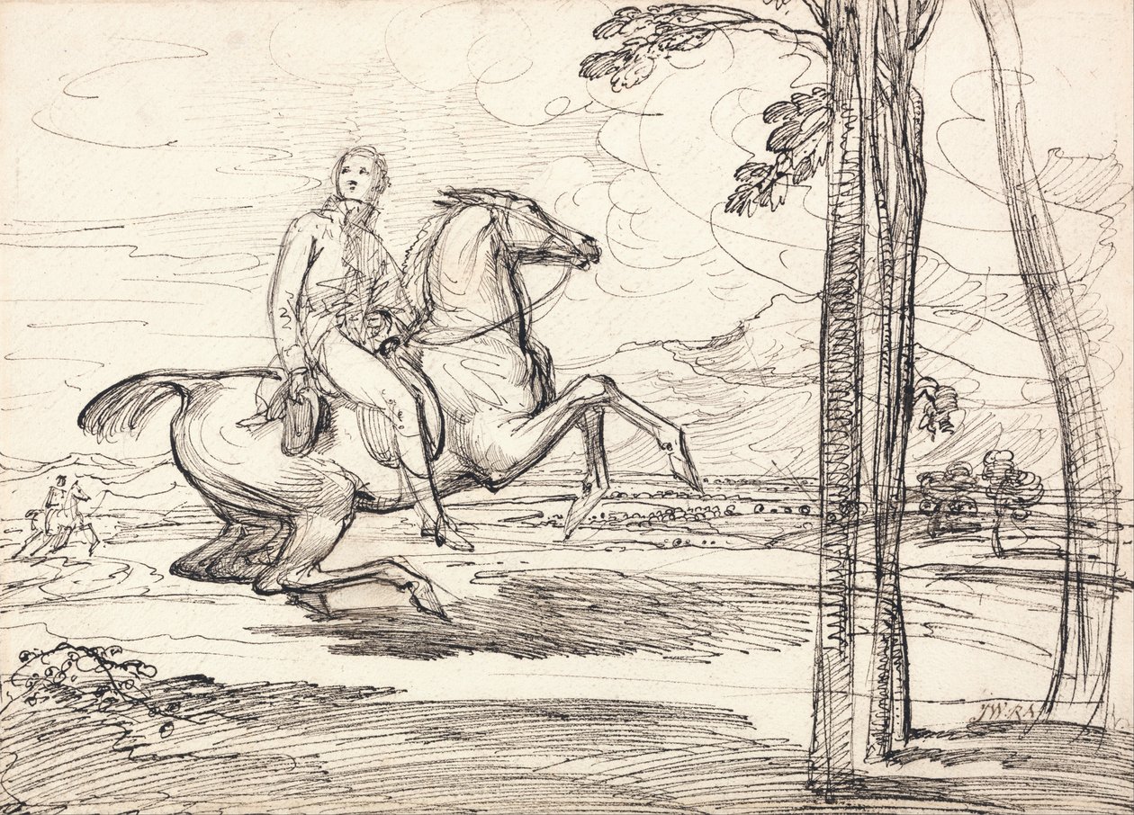 Um cavaleiro numa paisagem: Provavelmente um estudo para "Theophilus Levett Fox-hunting in Wychnor Park" de James Ward