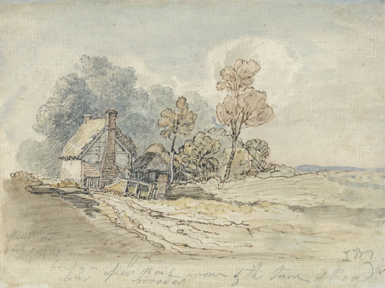 Uma casa de campo com telhado de colmo e árvores na volta de uma estrada secundária (caneta e w - c no papel) de James Ward