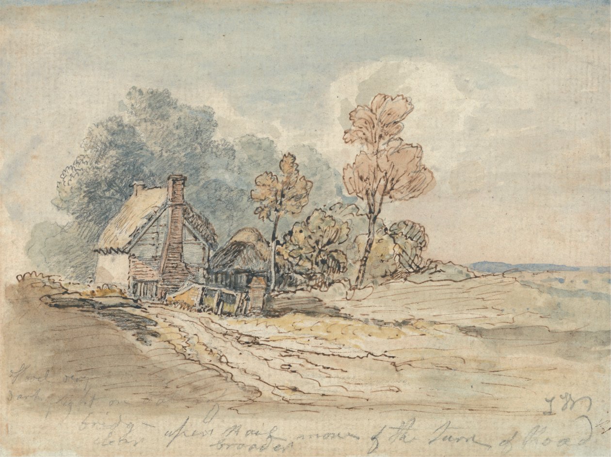 Uma casa de campo de colmo e árvores na viragem de uma estrada de campo de James Ward